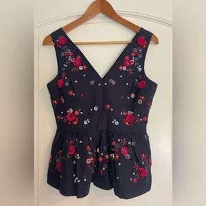 J. Crew Navy Floral Embellished Peplum Top Red & Pink Accents NEW